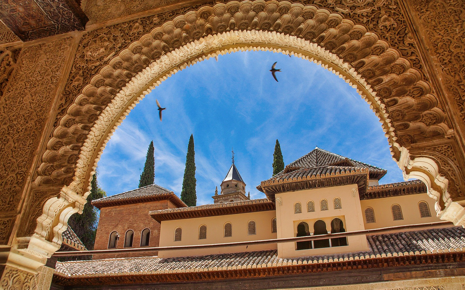 Alhambra's intricate arch framing the Nasrid Palaces in Granada, Spain.