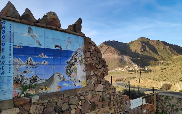 Cabo de Gata mural with wildlife illustrations and mountains in the background, Almería.