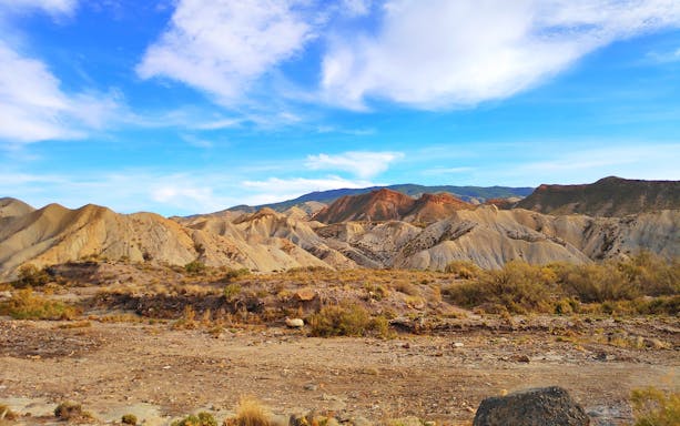 Tabernas Desert landscape with rugged hills, Almeria, Spain.