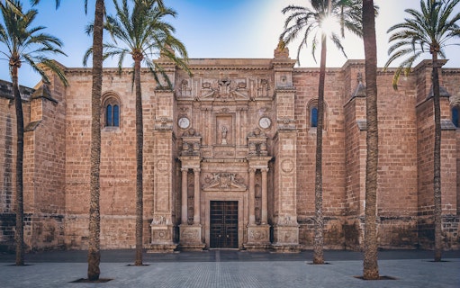 Almeria Cathedral facade with palm trees, central landmark on the Almeria Private Tour.