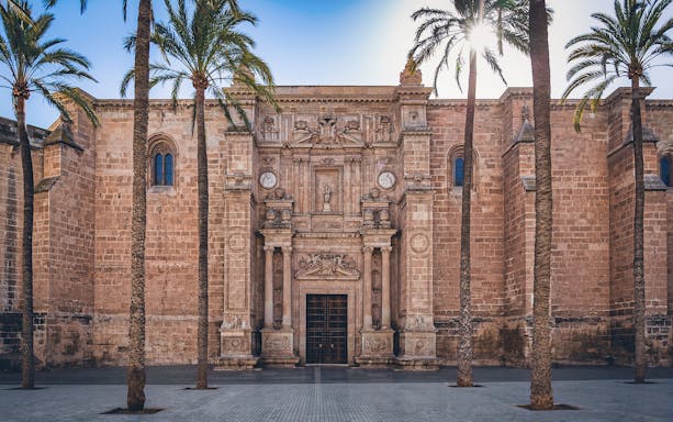 Almeria Cathedral facade with palm trees, central landmark on the Almeria Private Tour.
