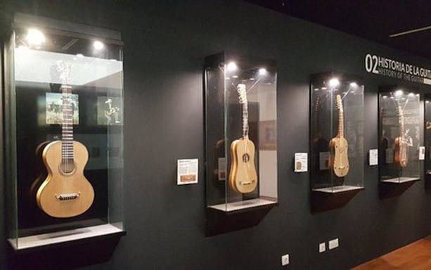 Guitars displayed in glass cases at Almeria's Museum of Guitar Heritage.