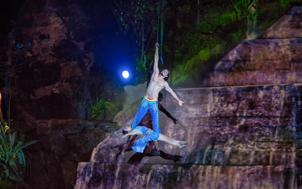 Aerial performers during Rhythms of the Night Dinner Show in Puerto Vallarta.
