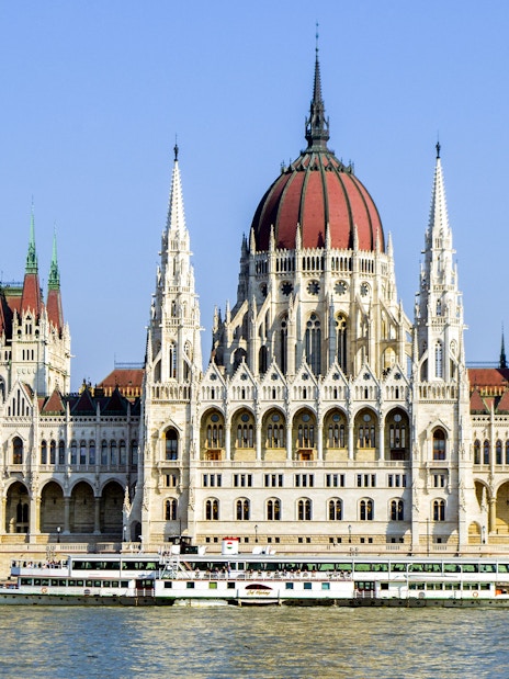 Hungarian Parliament Building along the Danube River in Budapest.