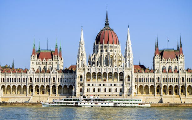 Hungarian Parliament Building along the Danube River in Budapest.