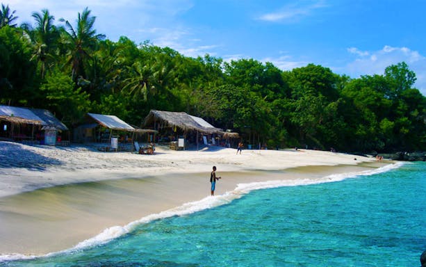 Beachfront huts and palm trees on a Bali shore during a private Gate Heaven tour.