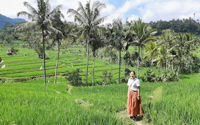Person standing in Bali's lush Ubud rice terraces with palm trees in the background.