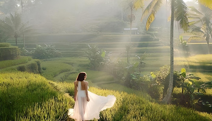 Woman walking through lush rice terraces in Ubud, Bali, with palm trees in the background.
