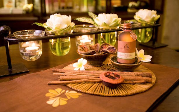 Massage oil and candles set for Let's Relax Four Hands Thai Massage.