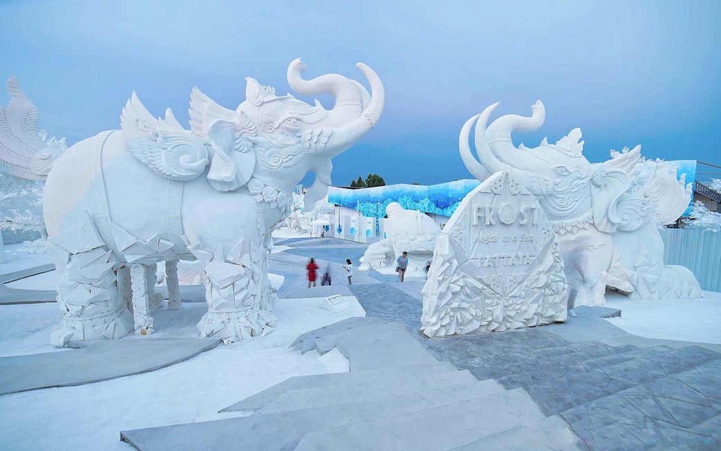 Giant white elephant sculptures at Frost Magical Ice of Siam in Pattaya, Thailand.