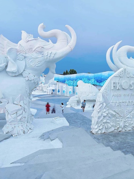 Giant white elephant sculptures at Frost Magical Ice of Siam in Pattaya, Thailand.