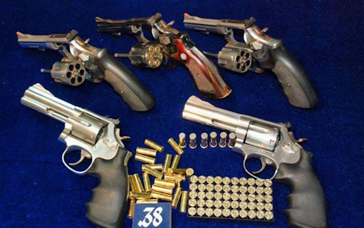 Revolvers and ammunition at Pattaya Shooting Park, Thailand.