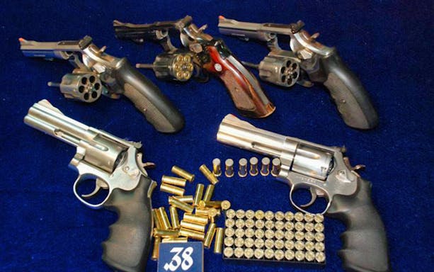 Revolvers and ammunition at Pattaya Shooting Park, Thailand.