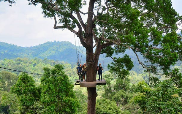 Participants on a zipline platform in Chonburi rainforest during Flight of the Gibbon experience.