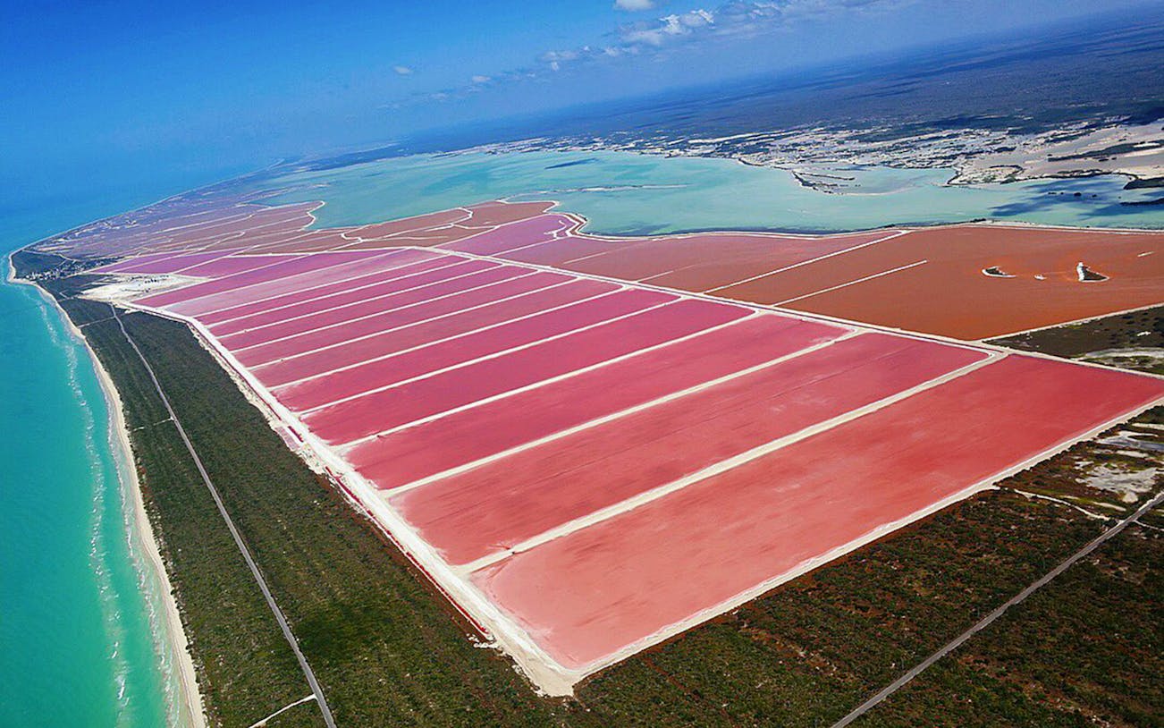 Aerial view of pink salt flats at Las Coloradas, Mexico, near turquoise waters.