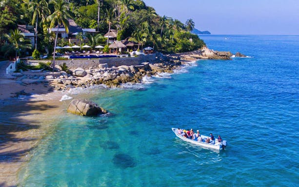 Boat approaching Marietas Islands near Playa del Amor, Puerto Vallarta.