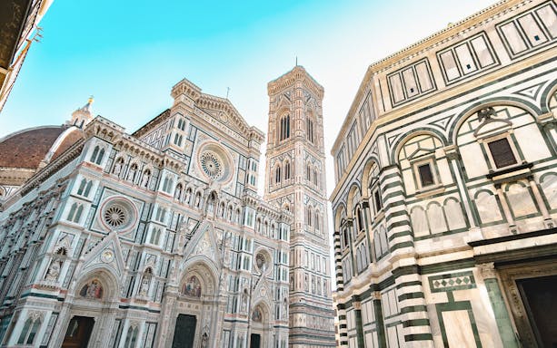 Cathedral of Santa Maria del Fiore facade and Giotto's Campanile in Florence, Italy.