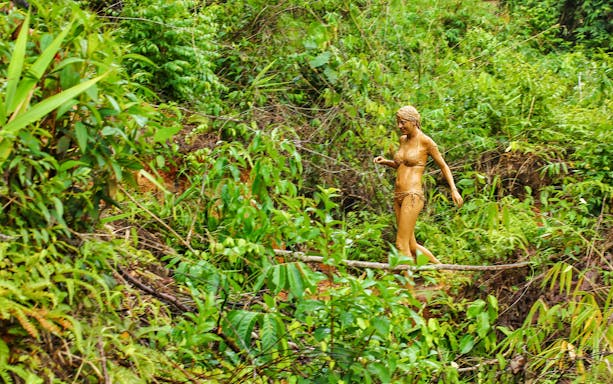 Person covered in mud walking through lush jungle vegetation.