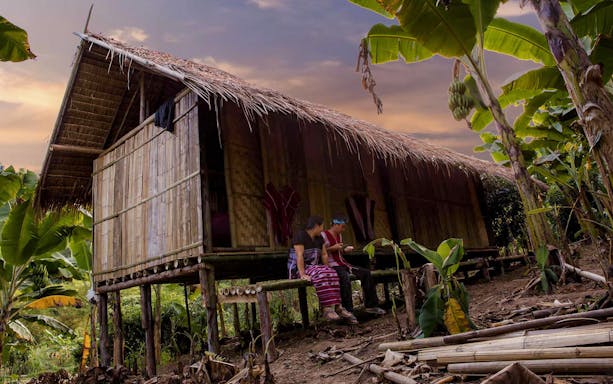 Bamboo hut surrounded by banana trees at Ker Chor Elephant Eco Park.