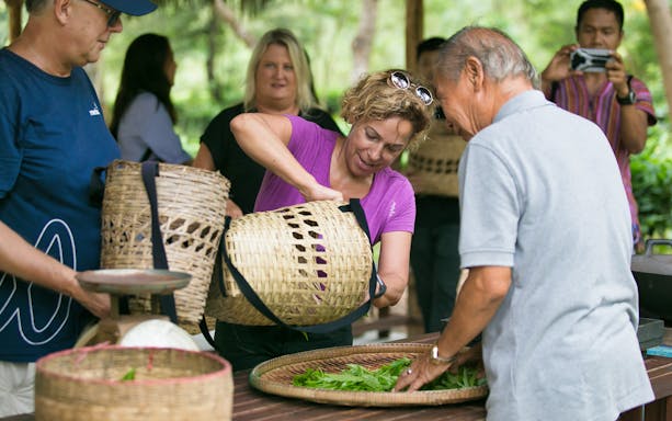 Tea leaves being sorted by visitors at Araksa Tea Garden, Thailand.