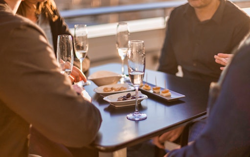 Rooftop dining with wine and tapas during City of Arts & Sciences tour in Valencia.
