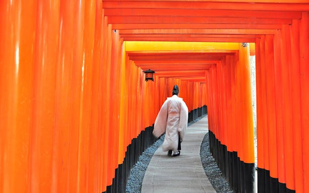 Person walking through red torii gates at Fushimi Inari Shrine, Kyoto.