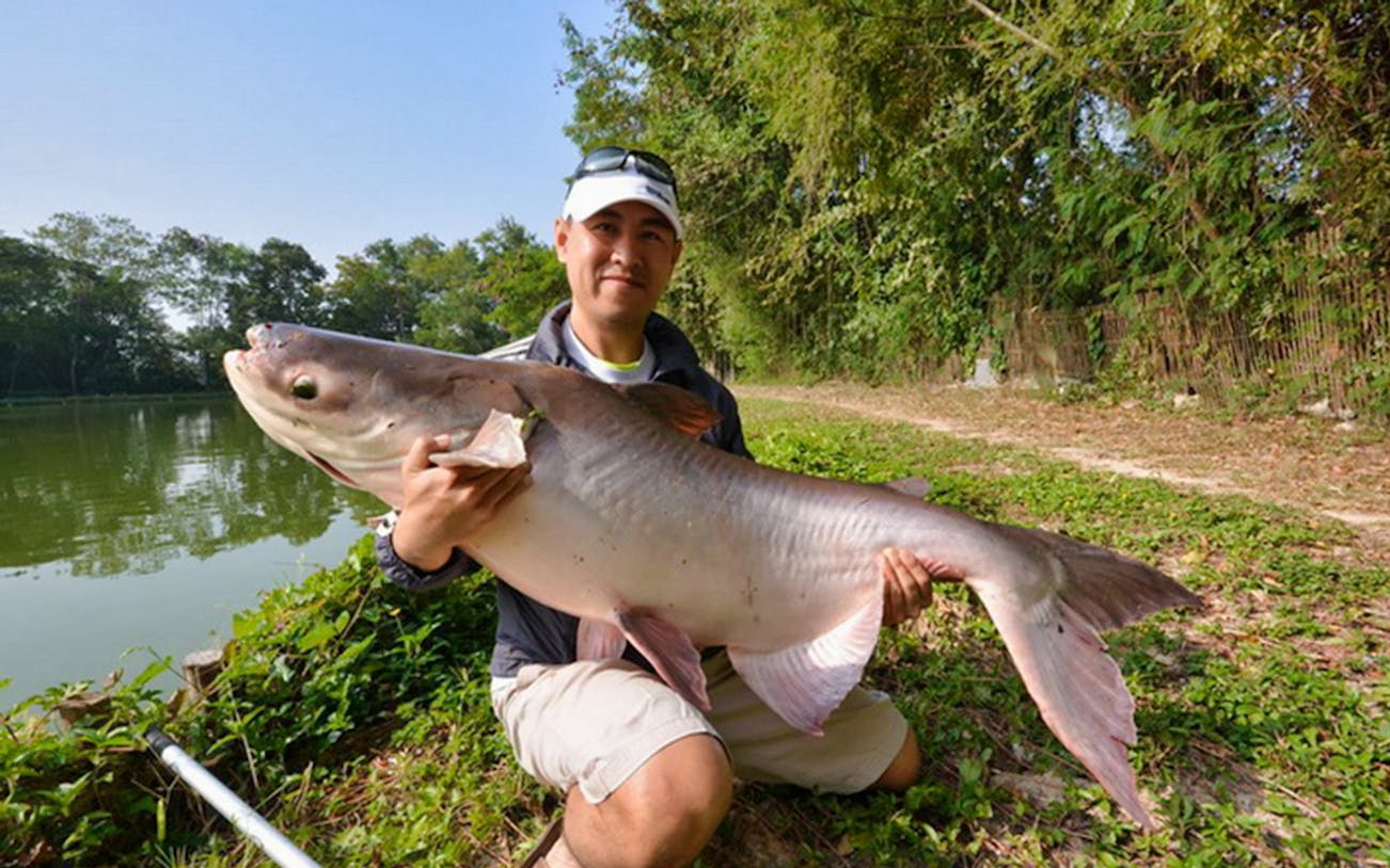Man holding large fish by a lake during Big Game Fishing Adventure Tour.
