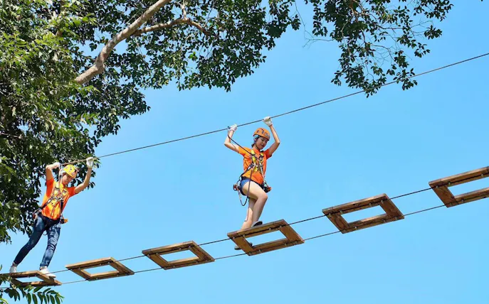 Participants crossing a rope bridge in the Phoenix Adventure Program.