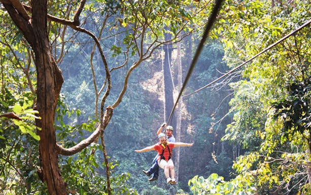 Two people ziplining through a forest on the Eagle Track Zipline Adventure.