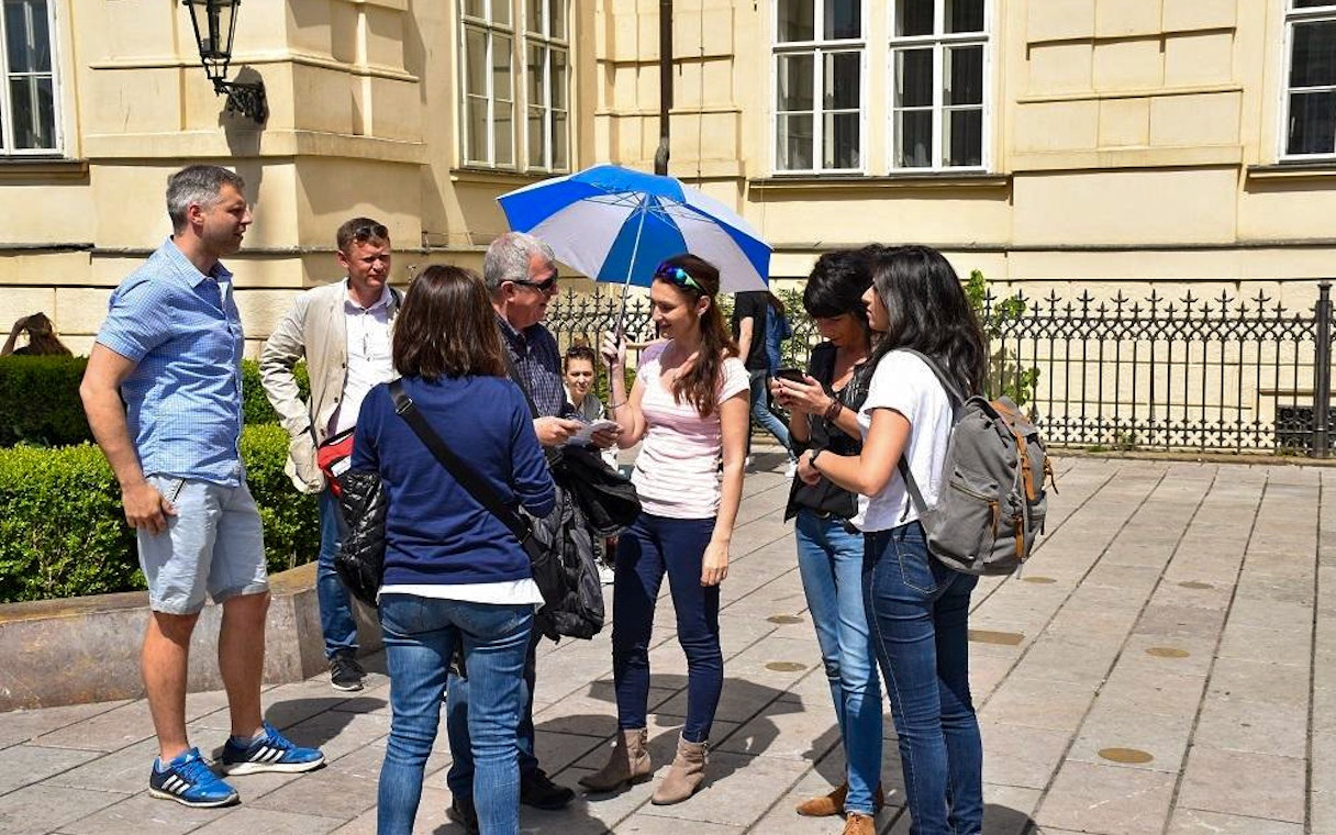 Tour group gathering in Prague for Terezin Concentration Camp visit.