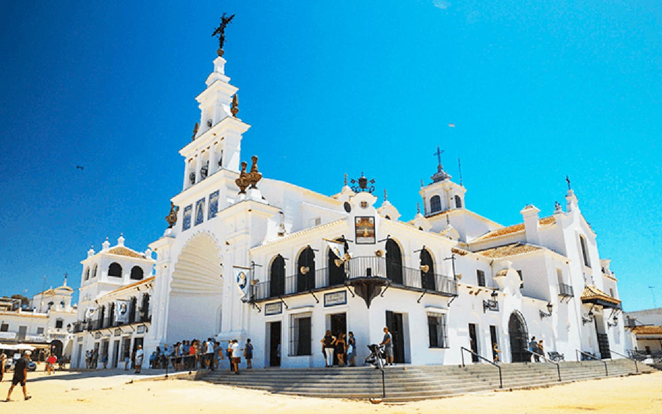 El Rocío church facade on Doñana National Park day trip from Seville.