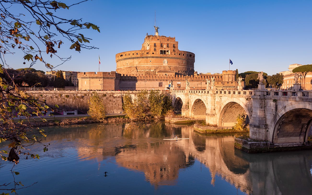 Castel Sant'Angelo and Ponte Sant'Angelo over the Tiber River in Rome, Italy.