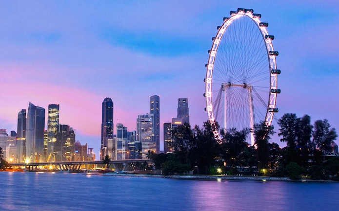 Singapore Flyer and skyline at dusk, part of Combo: Singapore Flyer with Time Capsule + Universal Studios Singapore.