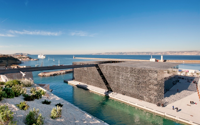 Mucem museum exterior with sea view in Marseille, France.