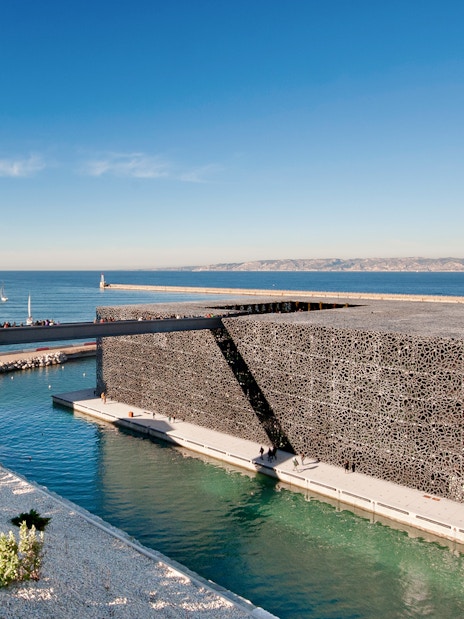 Mucem museum exterior with sea view in Marseille, France.