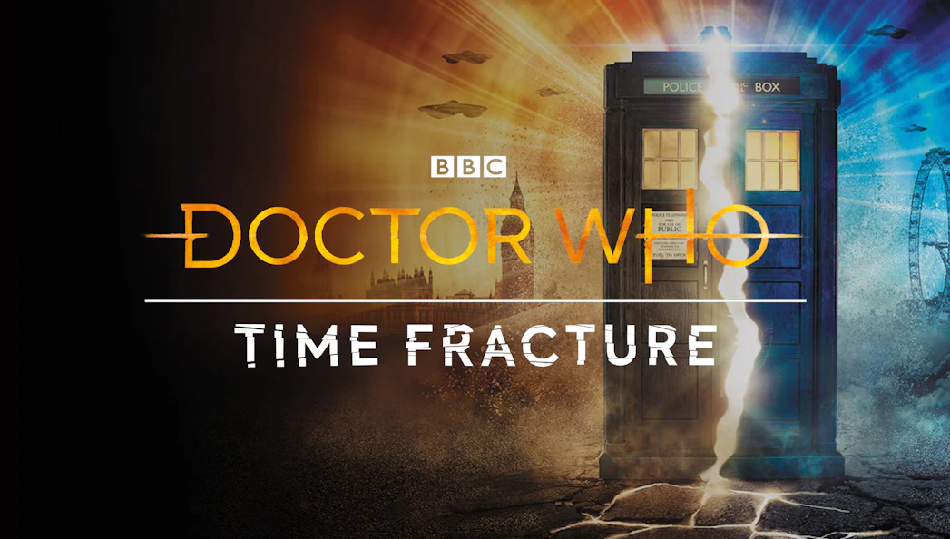 TARDIS with crack in time, London skyline, Doctor Who: Time Fracture event.