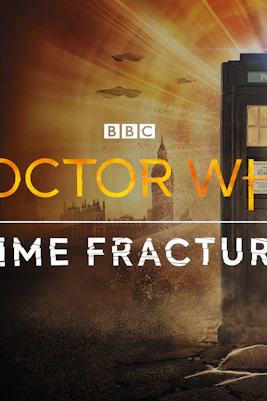 TARDIS with crack in time, London skyline, Doctor Who: Time Fracture event.