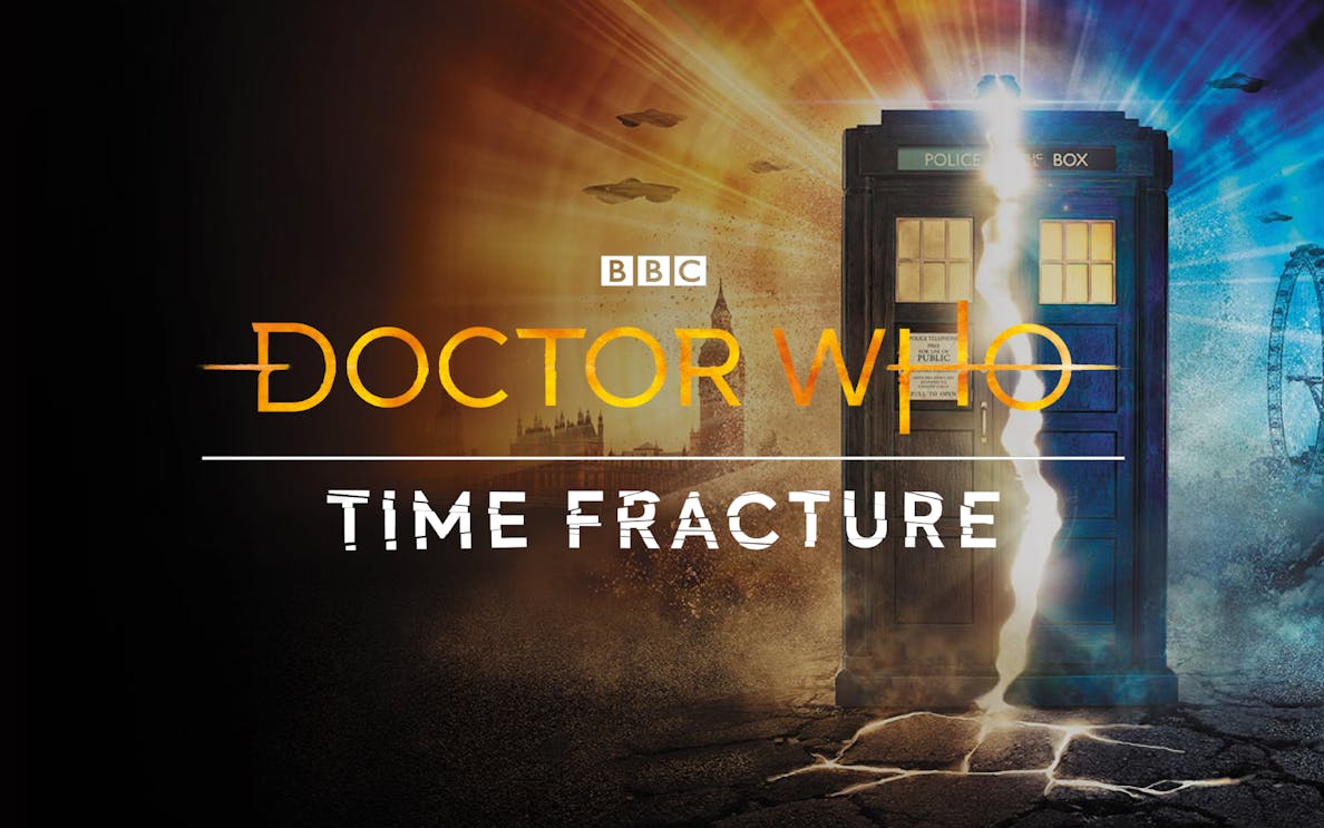 TARDIS with crack in time, London skyline, Doctor Who: Time Fracture event.