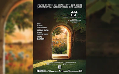 Festival poster for Domaine de Chaumont-sur-Loire, featuring a garden view through an arched doorway.