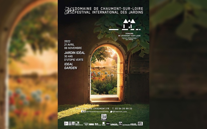 Festival poster for Domaine de Chaumont-sur-Loire, featuring a garden view through an arched doorway.