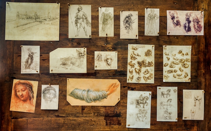 Leonardo da Vinci sketches displayed at a museum in the Loire Valley.