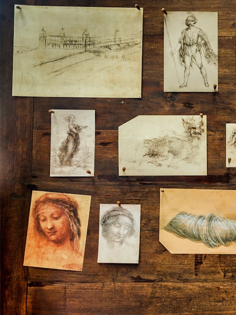 Leonardo da Vinci sketches displayed at a museum in the Loire Valley.
