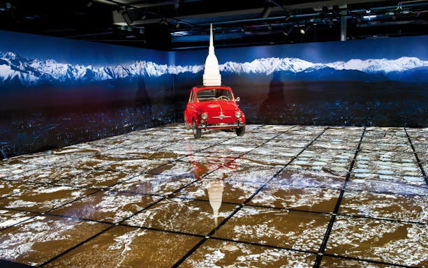 Red car with Mole Antonelliana model in Torino exhibit, Piemonte Contemporary Card.