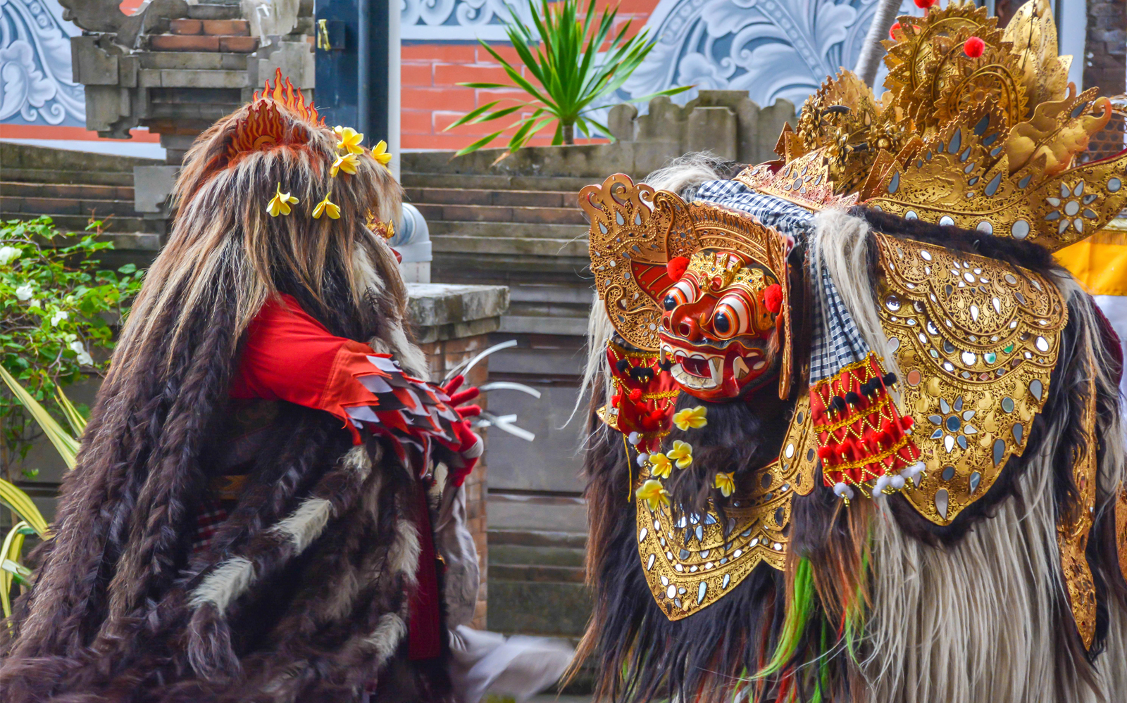 Balinese Barong dance performance in Ubud, featuring ornate costumes and traditional masks.