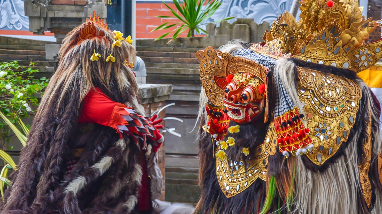 Balinese Barong dance performance in Ubud, featuring ornate costumes and traditional masks.