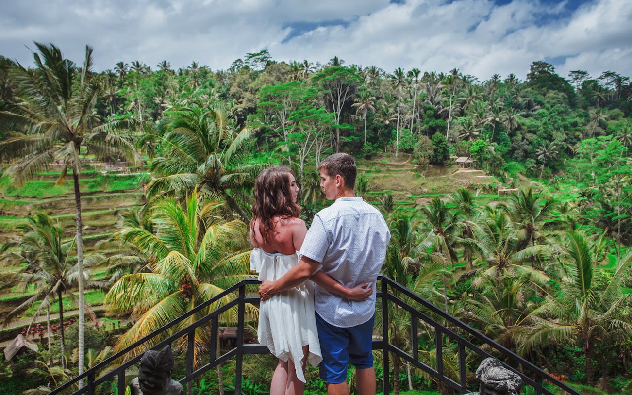 Tegalalang Rice Terraces in Ubud with lush greenery, part of a day tour including Monkey Forest.