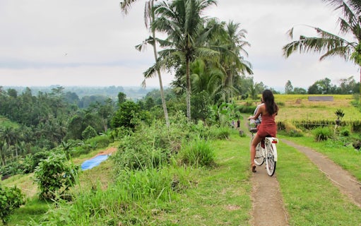 Cyclist on a path through lush greenery near Tanah Lot Temple, Bali.