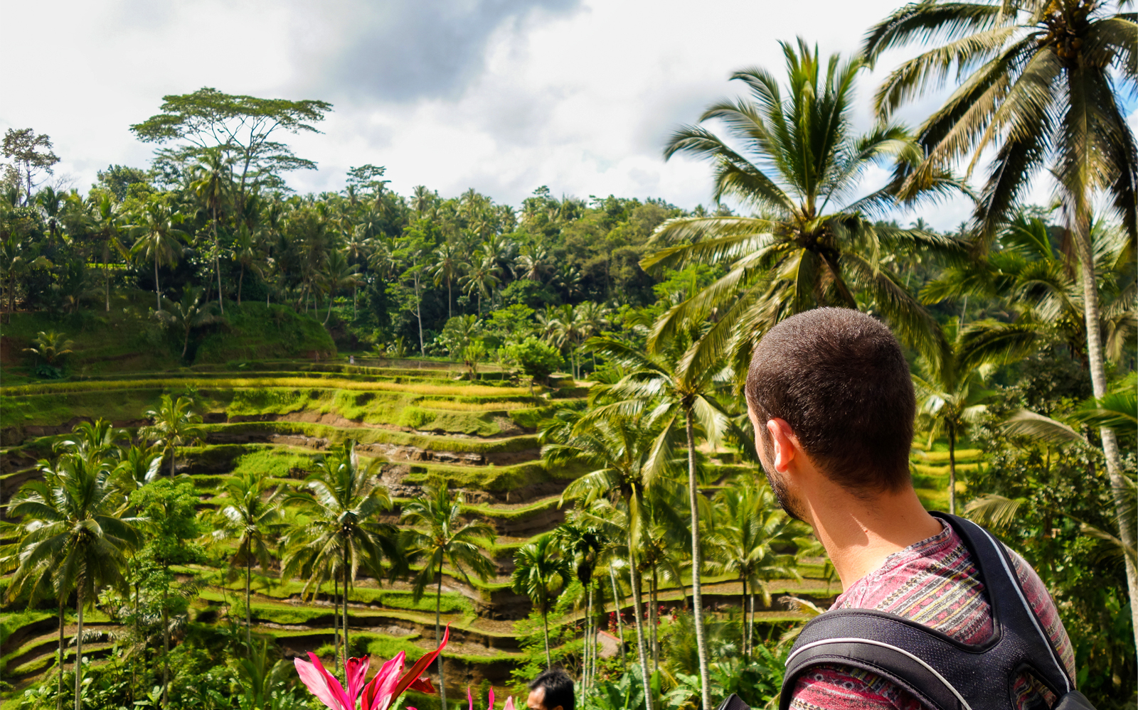 Traveler viewing Tegalalang Rice Terraces in Kintamani, Bali, surrounded by lush greenery.