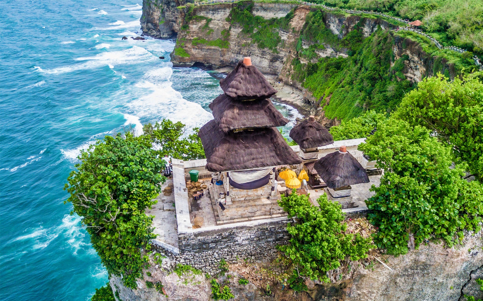 Uluwatu Temple perched on a cliff overlooking the ocean in South Bali.