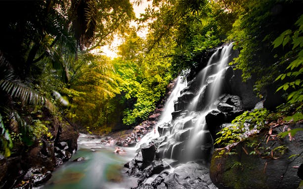 Waterfall surrounded by lush greenery in Ubud, Bali, part of the Ubud Bali Tour.